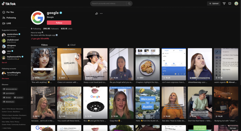 TikTok Dark Mode website enabled on the TikTok Google profile page