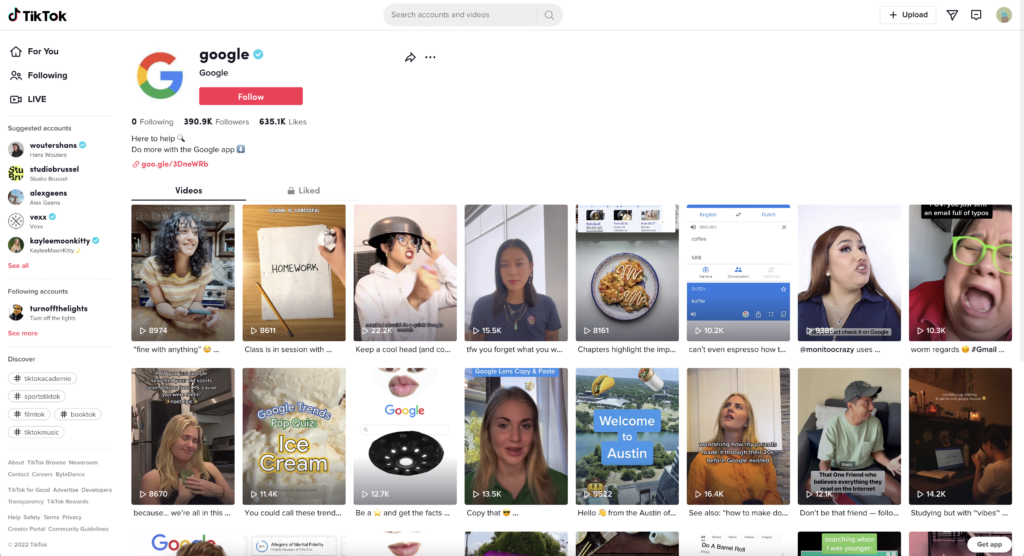 TikTok Light Mode website with the playing videos on TikTok Google profile page