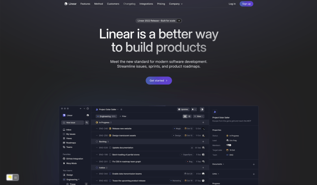Linear Dark Mode website version thanks to the Turn Off the Lights browser extension using the Night Mode feature