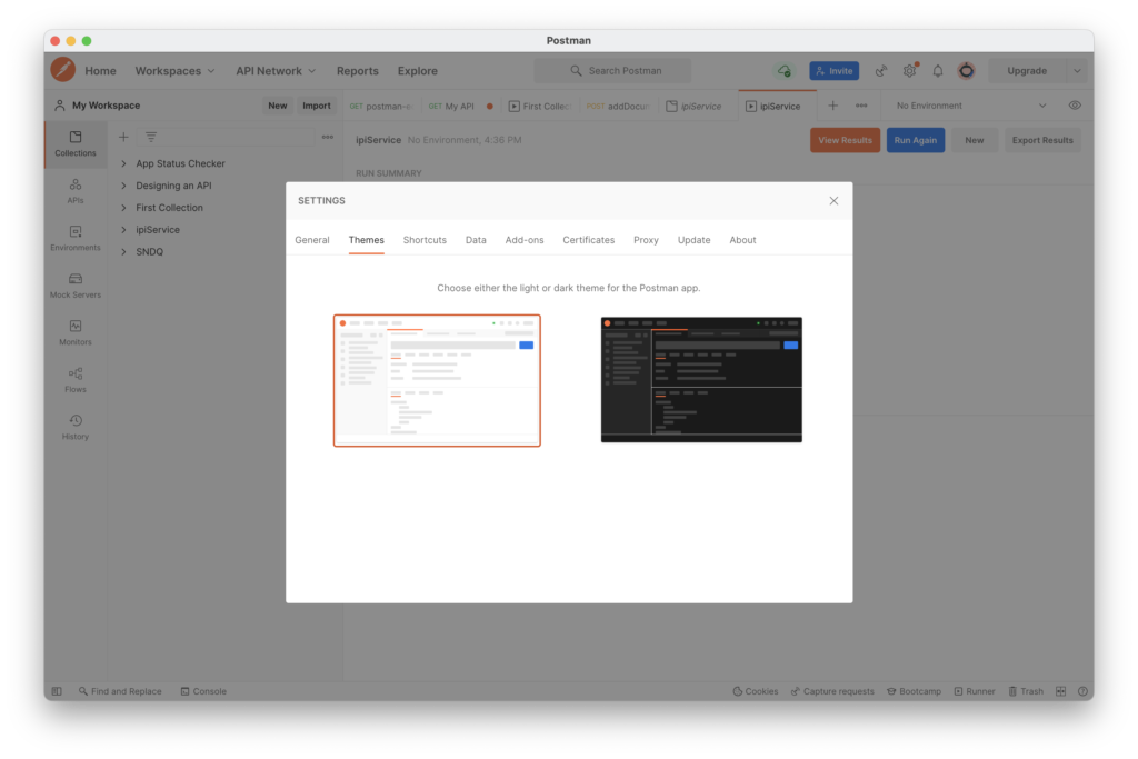 Postman sur Mac sur où mettre le thème Postman Dark Mode
