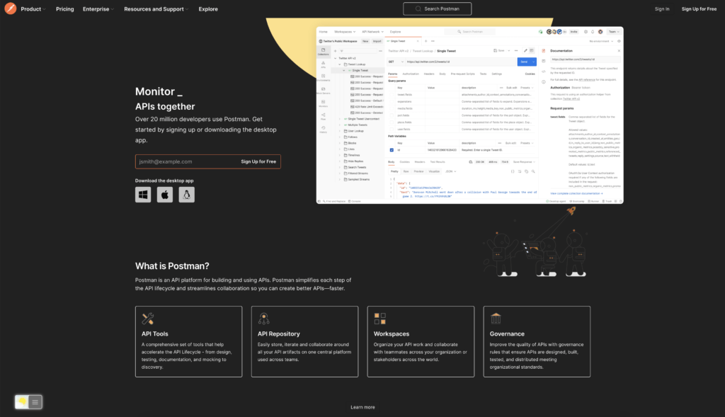 Versión del sitio web Postman Dark Mode gracias a la extensión del navegador Turn Off the Lights que utiliza la función Night Mode.