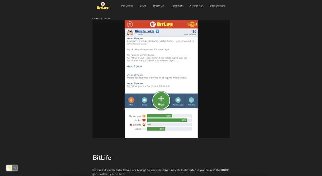 Bitlife Dark Mode website with the free and Open-Source Turn Off the Lights browser extension