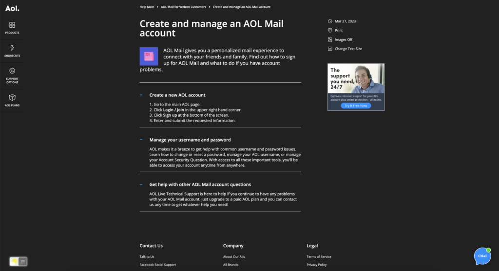 The help page in AOL Mail Dark Mode with the free and Open-Source Turn Off the Lights browser extension