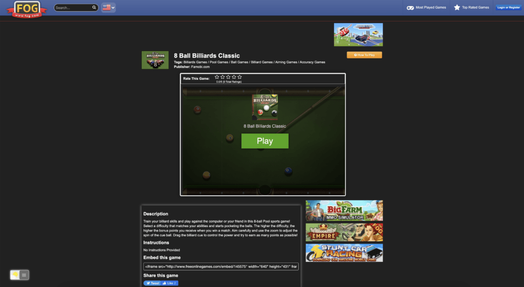 Modo Oscuro Freeonlinegames.com en la página de 8 Ball Billiards Classic