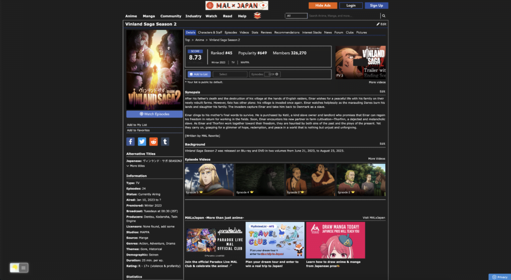 MyAnimeList Dark Mode website activated with the free and Open-Source Turn Off the Lights browser extension