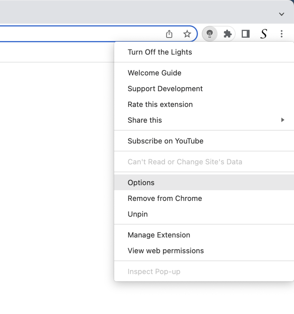 Right click menu on the gray lamp button