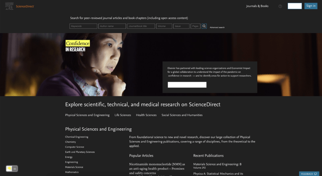 Sciencedirect Dark Mode thanks to the free and Open-Source Turn Off the Lights browser extension