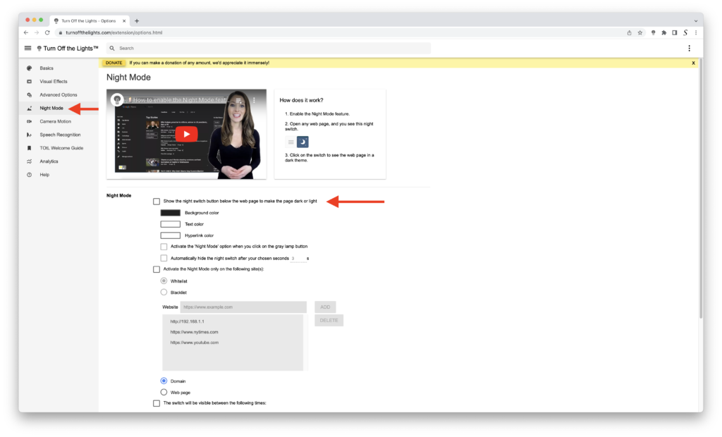 Turn Off the Lights Options page with the red arrow to enable Night Mode