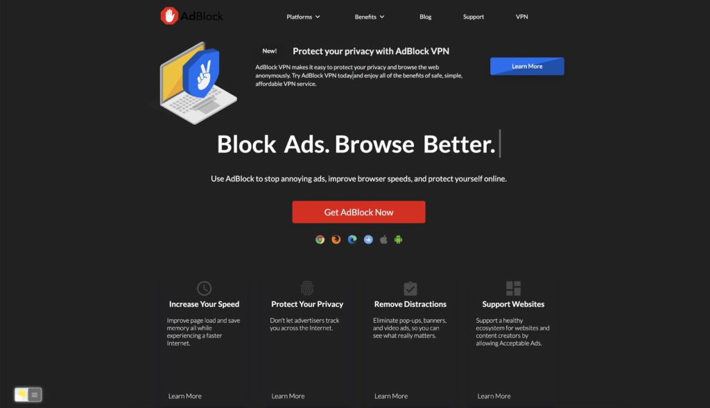 Темный режим Adblock с бесплатным расширением для браузера Turn Off the Lights с открытым исходным кодом