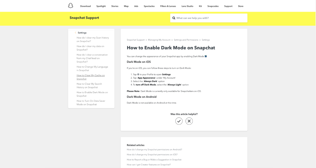 Screenshot of Snapchat Dark Mode help page explanation for iOS users