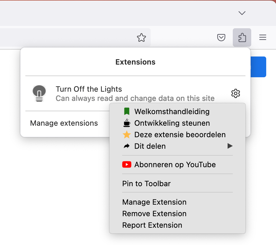 J'ai cliqué sur l'icône de clé pour ouvrir l'élément de menu de l'extension Firefox