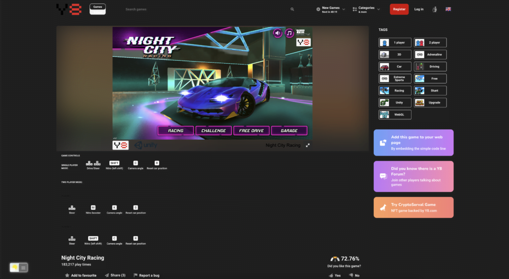 Y8 Dark Mode gaming page with the Turn Off the Lights browser extension