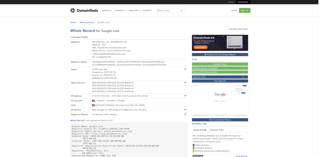 Google domain on Domaintools.com