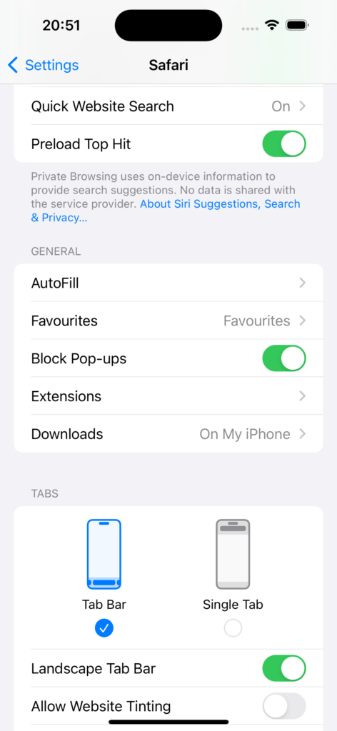 Safari settings with menu item Extensions