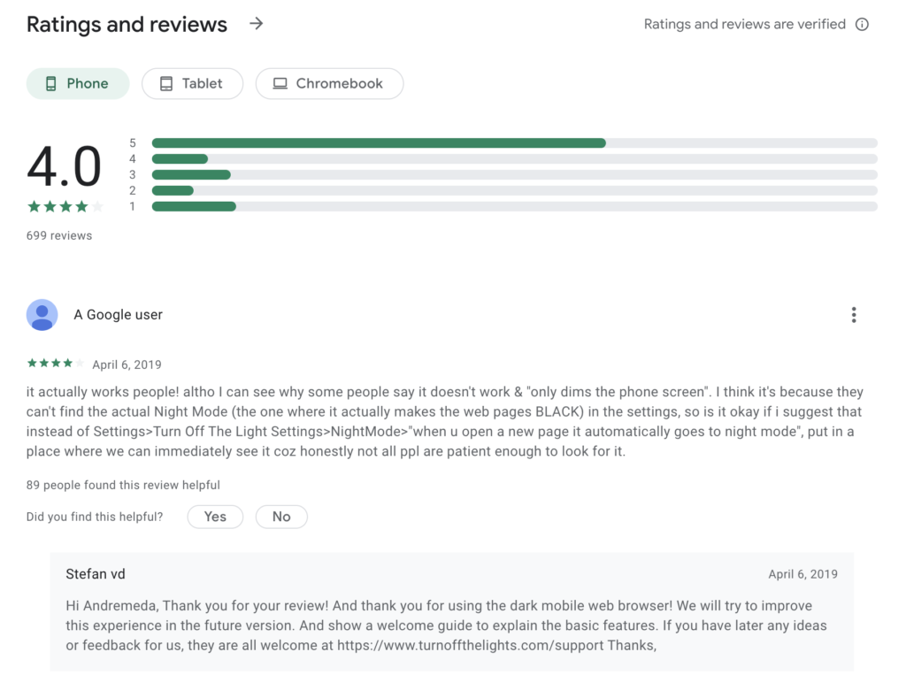 Dark theme browser Android user review on the Google Play Store