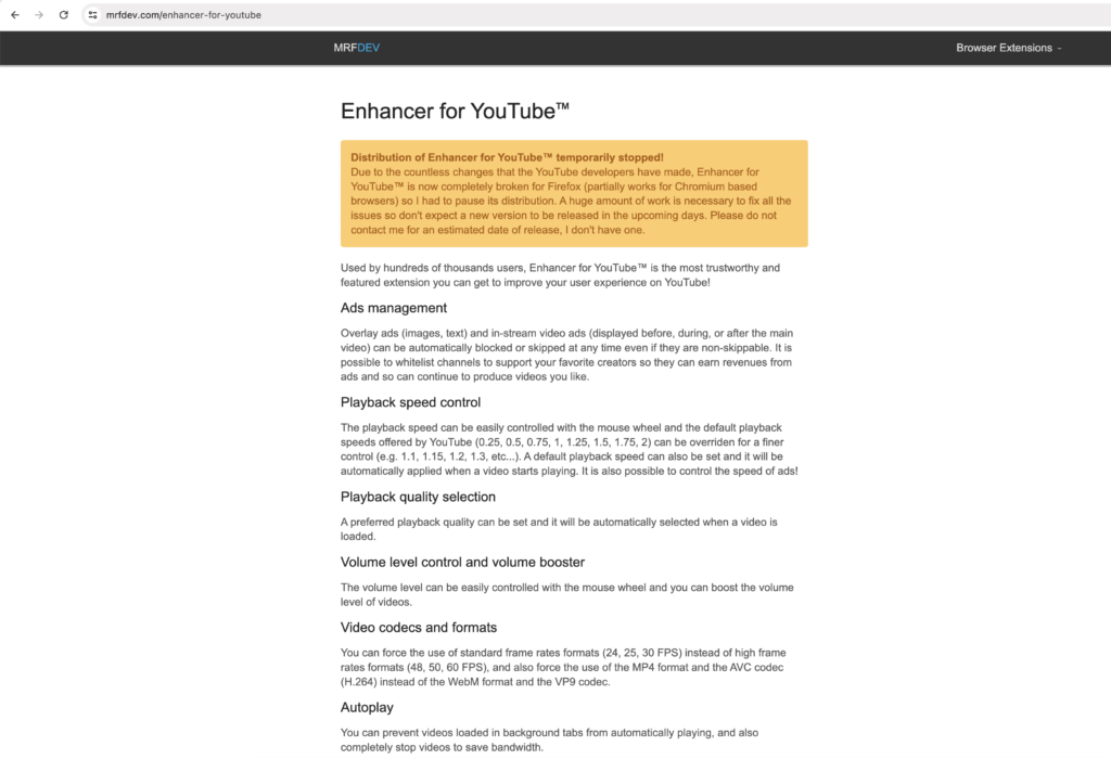 Annonce Enhancer for YouTube Firefox temporairement arrêté