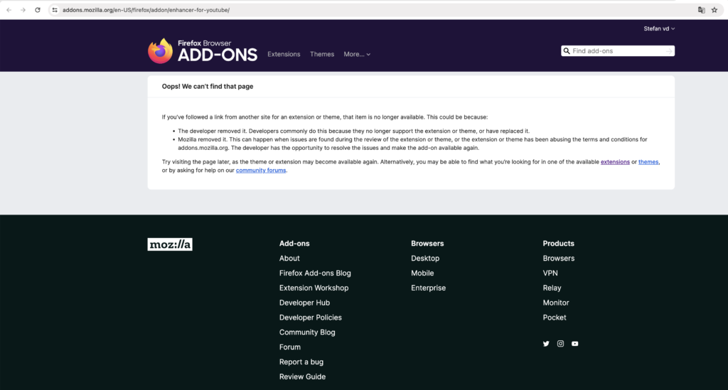 Oops we can't find that page for Enhancer for YouTube Firefox add-on page