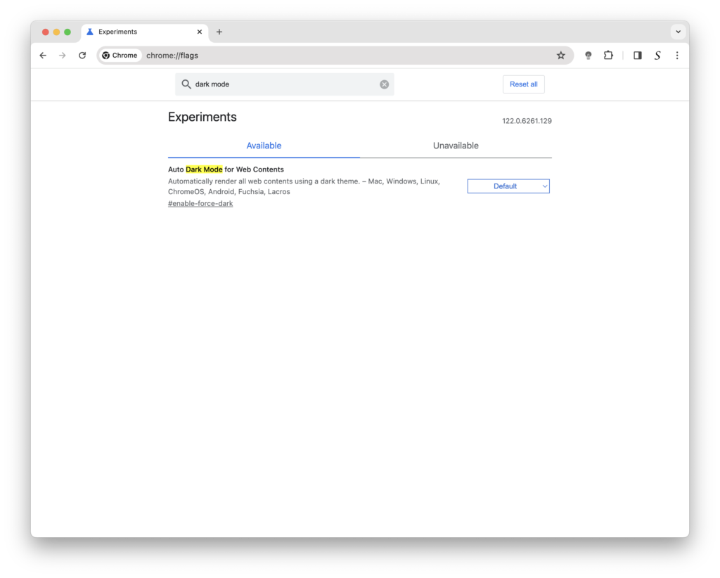 Chrome flag Forced Dark Mode